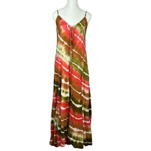 Solitaire Los Angeles Womens Cotton‎ Tie Dye Maxi Dress Brown Green Coral Medium